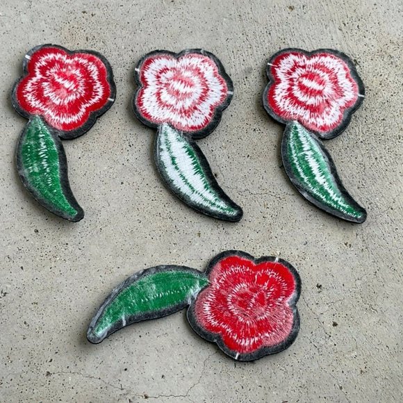 Red Flower With Green Leaf Patches Iron On Embroidery Applique Patches Lot of 4 - Picture 6 of 9